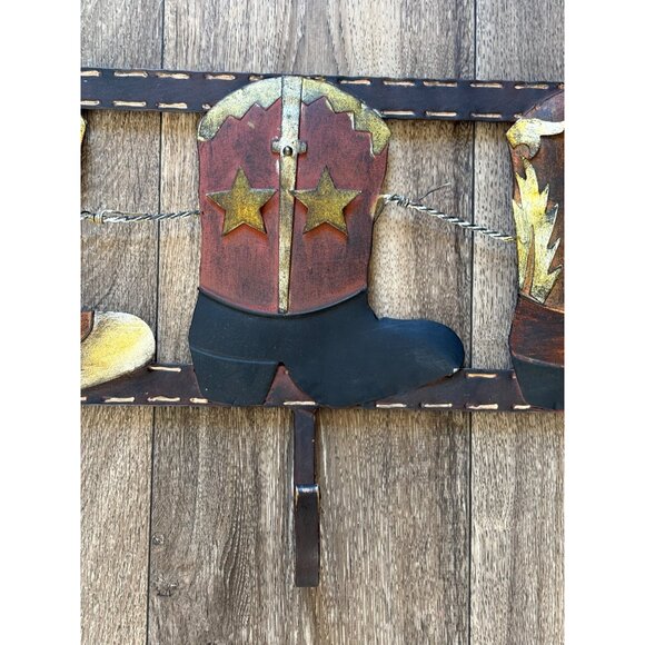 ANTIQUE COWBOY BOOT METAL WALL COAT-TOWEL RACK HOOKS 22InX10In - Picture 3 of 6